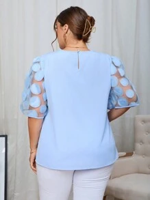 SHEIN Privé 加貼花網袖襯衫 - 藍色 - 查看 2