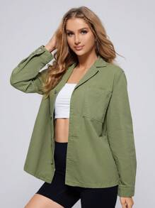 SHEIN EZwear Solid Button Front Denim Shirt - Green - View 3