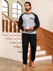 Men Colorblock Raglan Sleeve Tee & Pants PJ Set - Multicolor - View 7