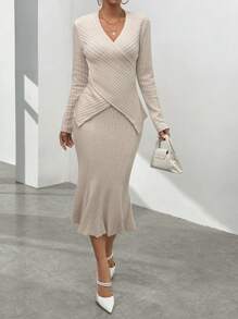 SHEIN Privé Solid Ribbed Knit Wrap Cross Tee & Mermaid Hem Skirt - Apricot - View 1