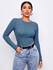 SHEIN Essnce Solid Waffle Knit Tee - Blue - View 1