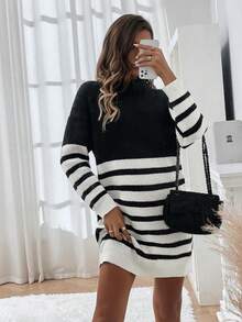 SHEIN Clasi Striped Pattern Turtleneck Drop Shoulder Sweater Dress Without Belt - Black and White - View 3