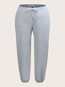 SHEIN EZwear Plus Påsydd Text Dragsko i Midjan Mjukisbyxor - Ljusgrå - Visa 1