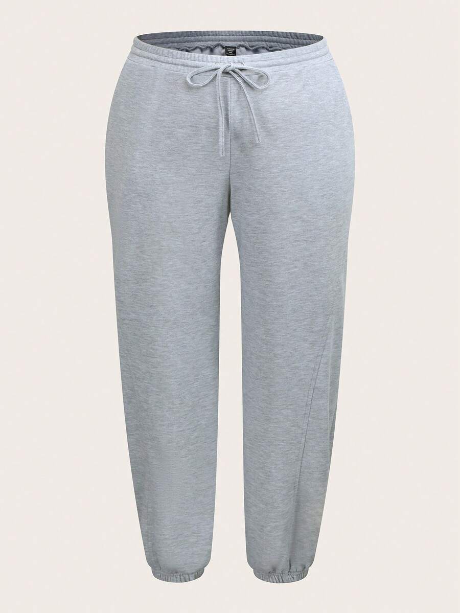 SHEIN EZwear Plus Påsydd Text Dragsko i Midjan Mjukisbyxor - Ljusgrå - Visa 1