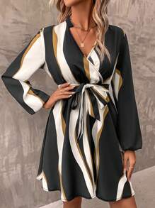 SHEIN Clasi 撞色燈籠袖繫腰帶洋裝 - 黑色 - 查看 5