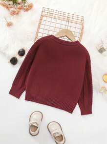 SHEIN Young Girl Patched Detail Cable Knit Sweater - Burgundy - View 2