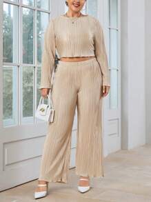 SHEIN Essnce Plus Lettuce Trim Crop Tee & Wide Leg Pants - Apricot - View 4