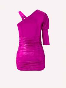 SHEIN Young Girl Asymmetrical Neck Puff Sleeve Ruched Side Ruched Dress - Hot Pink - View 2