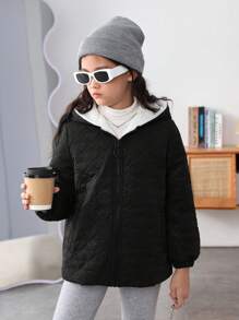 SHEIN Cô gái Tween Dây kéo Thả vai Lót Teddy Áo trùm đầu - Đen và trắng - Xem 4