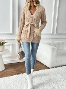 SHEIN LUNE Fuzzy Cuff Cable Knit Belted Cardigan With Belt - Apricot - View 4