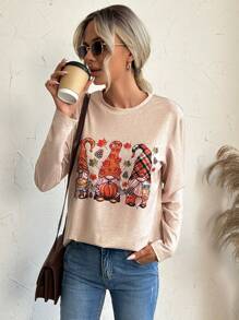 SHEIN LUNE 卡通圖案T恤 - 杏色 - 查看 5