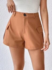 SHEIN LUNE Flap Pocket Side Cargo Shorts Without Belt - Brown - View 5