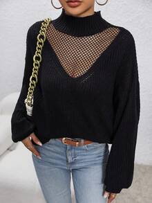 SHEIN Essnce Contrast Fishnet Mock Neck Drop Shoulder Sweater - Black - View 6