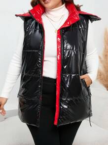 SHEIN LUNE 加拉鍊連帽羽絨背心大衣 - 黑色 - 查看 1