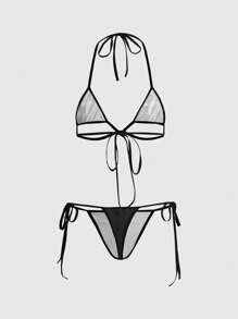 ROMWE Goth 十字型側綁性感內衣套裝 - 黑色 - 查看 8