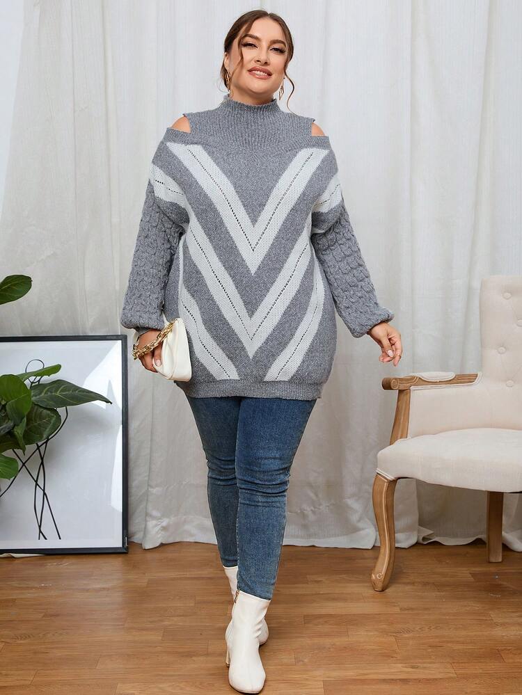 Plus Chevron Pattern Cold Shoulder Sweater