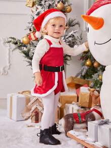 女嬰1入組撞色腰帶連身背心適用於聖誕 - 紅色 - 查看 1