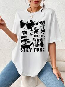 SHEIN Essnce Figure & Letter Graphic Drop Shoulder Tee - White - View 7
