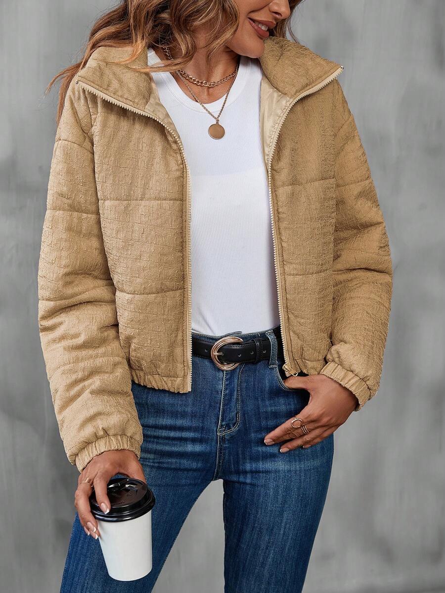 SHEIN LUNE 拉链落肩加垫棉服外套冬季 - 卡其色 - 查看 1