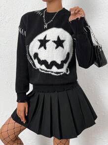 SHEIN Unity Cartoon Pattern Drop Shoulder Sweater - Black - View 6