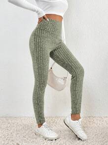 SHEIN Frenchy Cao eo Đồ đan Ribbed Xà cạp - xanh quân đội - Xem 5