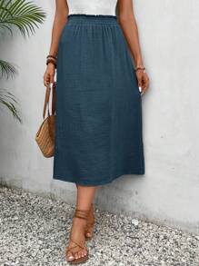 SHEIN Frenchy 素色紙袋腰半身裙 - 藏蓝色 - 查看 5