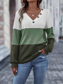 SHEIN LUNE 撞色紐扣細節運動衫 - 綠色 - 查看 4