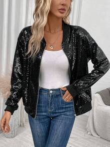 SHEIN LUNE Dây kéo Kim sa Áo khoác bomber - màu đen - Xem 1