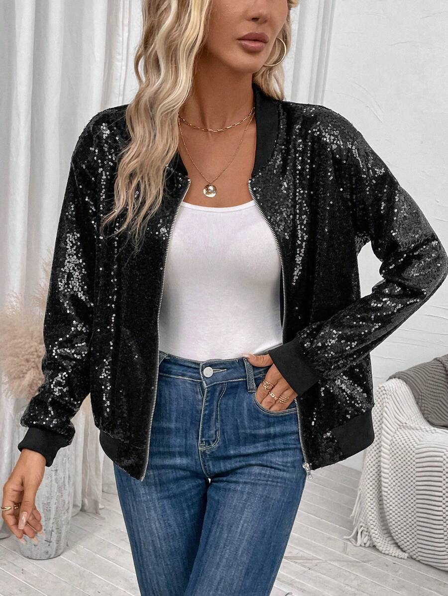 SHEIN LUNE Dây kéo Kim sa Áo khoác bomber - màu đen - Xem 1