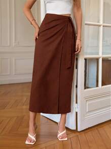 Poéselle Solid Knot Side Wrap Skirt - Brown - View 6