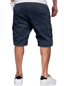 Manfinity Homme Loose Fit Men's Cargo Shorts With Flap Pockets And Drawstring Waist - Navy Blue - View 2