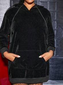 SHEIN SXY 加大码袋鼠口袋抽绳卫衣 - 黑色 - 查看 6