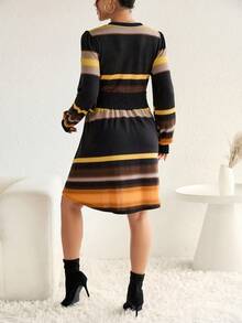 SHEIN Maternity Striped Print A-line Dress - Coffee Brown - View 2