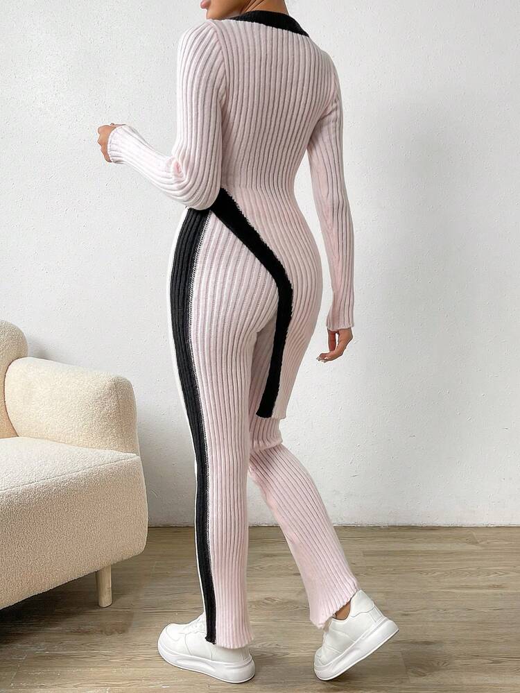 Contrast Trim Sweater & Knit Pants Fall Cloth For Women