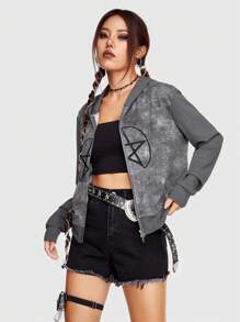 Grunge Punk 幾何印花拉鏈連帽衫 - 灰色 - 查看 3