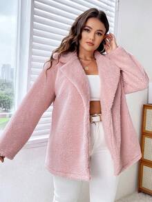 Celure Áo khoác thường ngày bằng len cừu giả ve áo màu trơn cỡ lớn cho nữ - Hồng - Xem 3