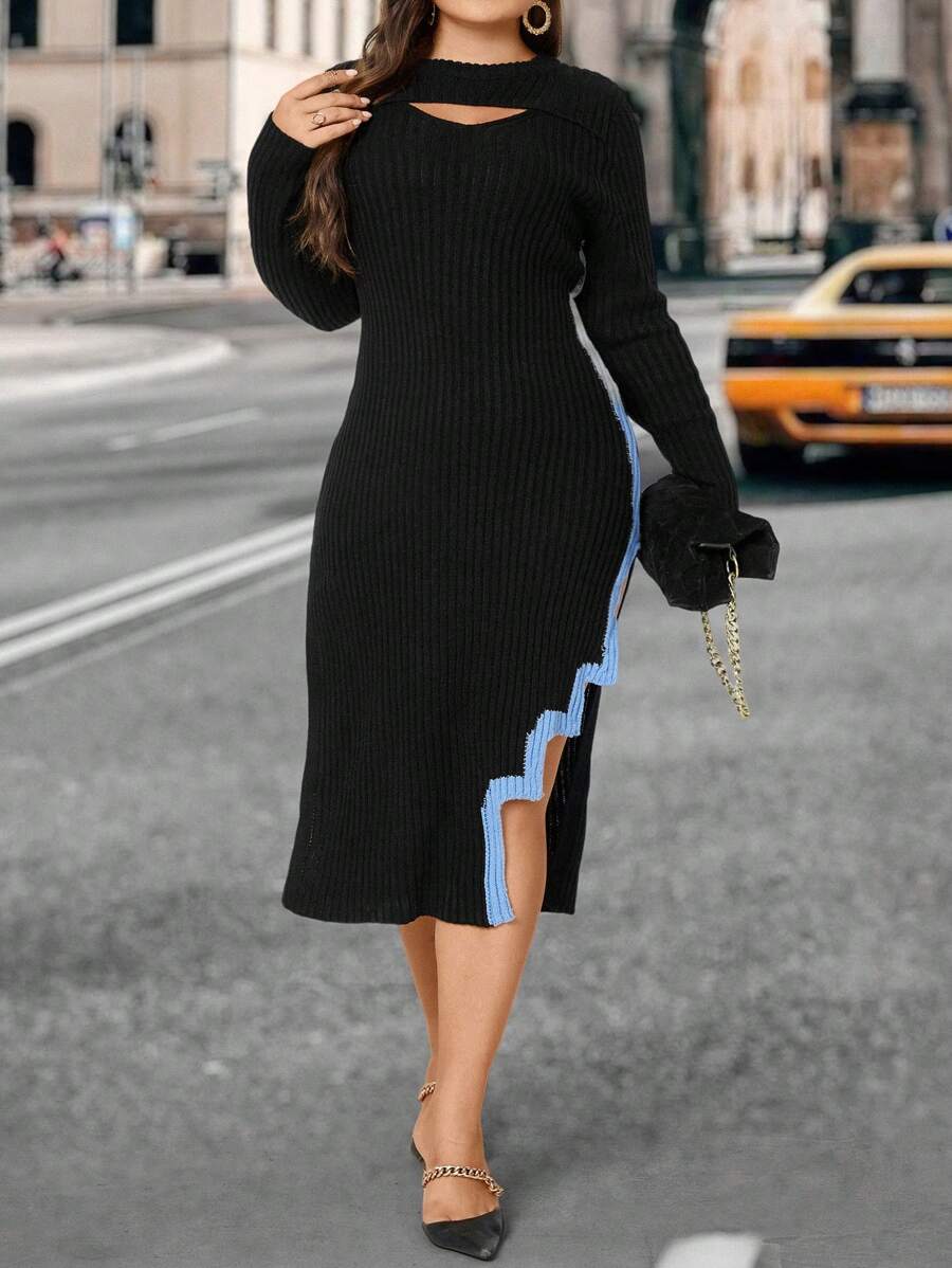 SHEIN Unity 大碼鏤空不對稱下擺毛衣洋裝