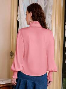Aveloria Frill Trim Button Front Lantern Sleeve Blouse - Pink - View 6
