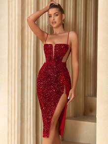 大腿開衩亮片吊帶洋裝 - 紅色 - 查看 1