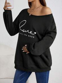 SHEIN Maternity Letter Graphic Kangaroo Pocket Drop Shoulder Sweatshirt, For Winter - Black - View 1