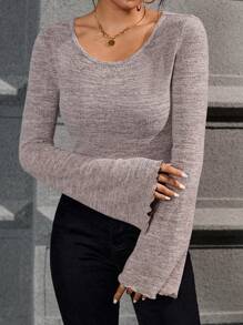 SHEIN Privé 雜色針織荷葉袖T恤 - 杏色 - 查看 1