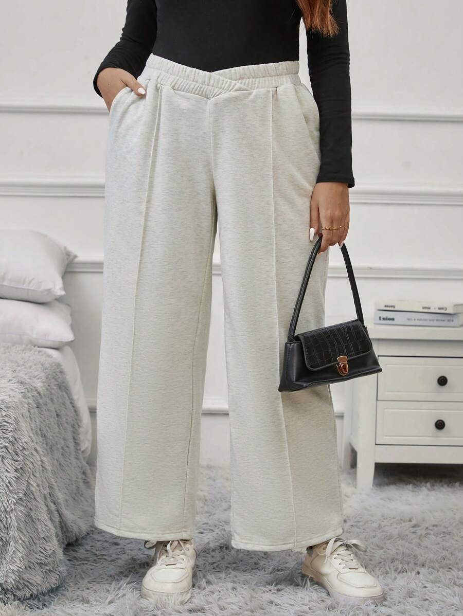SHEIN LUNE Plus Solid Slant Pocket Sweatpants - Apricot - View 1