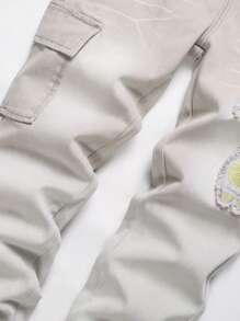 Tween Boy Cartoon Patched Flap Pocket Cargo Pants - Grey - View 4