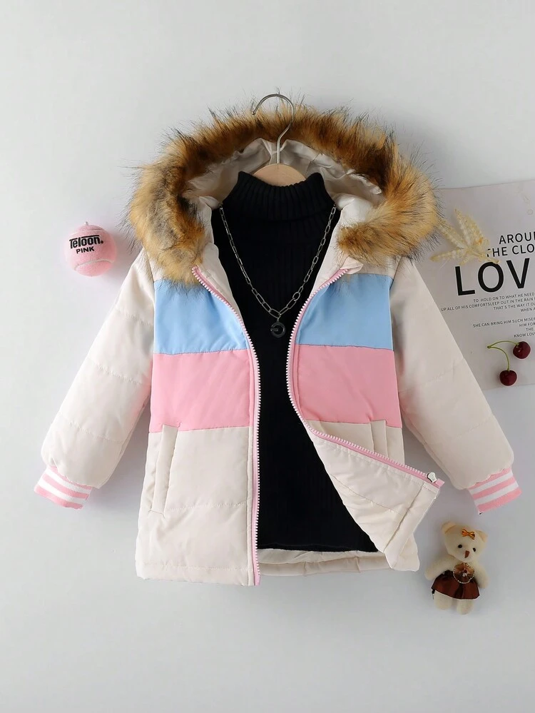Young Girl Colorblock Fuzzy Trim Hooded Coat Without Sweater
