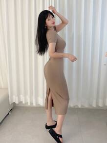 DAZY 净色罗纹针织紧身连衣裙太阳裙