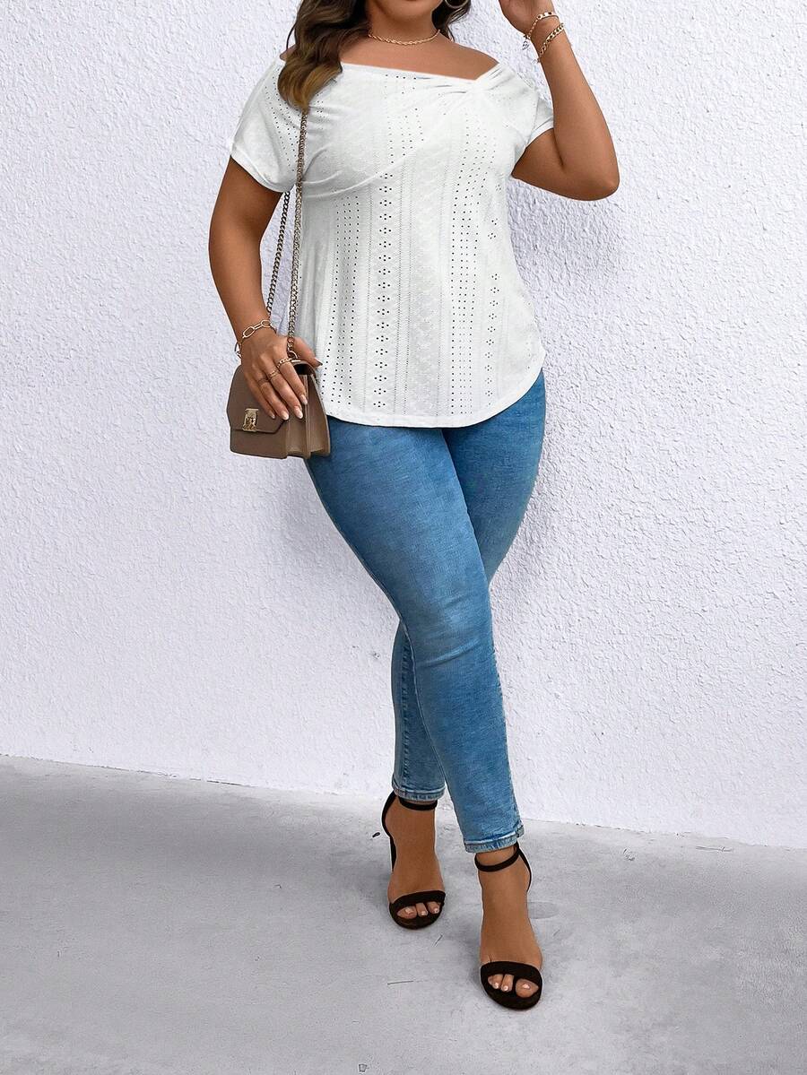SHEIN LUNE Áo thun thêu lỗ khoét vai Plus - trắng - Xem 1