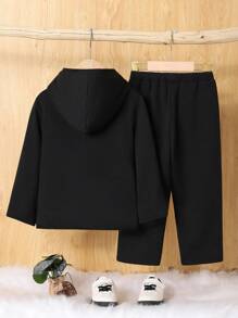 SHEIN 男小童字母貼布加絨內裏連帽夾克和褲子不帶T恤 - 黑色 - 查看 2