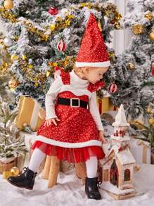 Zestaw kostiumów 2 w 1 i czapki dla dziewczynki z nadrukiem w kształcie serca na Boże Narodzenie - Czerwony i biały - Zobacz 1