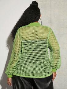SHEIN CURVE+ Hơn Cổ giả Lưới Lưới cá Áo - màu xanh lá - Xem 3