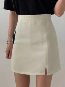 DAZY High Waist Split Hem Zip Back Skirt - Apricot - View 2